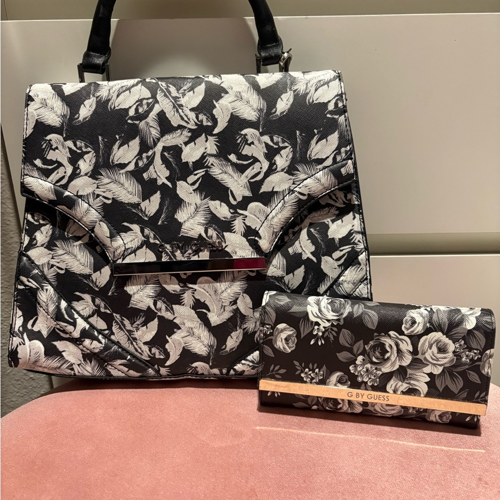 G by Guess Black and White Floral Satchel Set